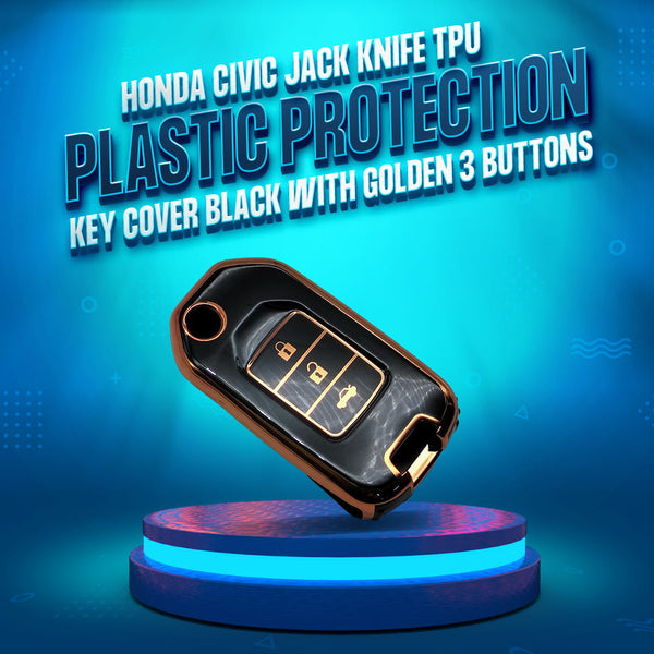 Honda Civic Jack Knife TPU Plastic Protection Key Cover Black With Golden 3 Buttons  - Model 2014-2016 SehgalMotors.pk