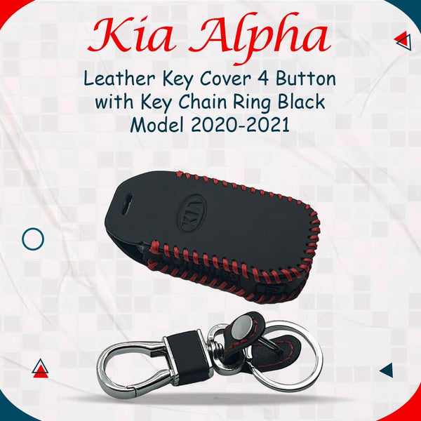 Kia Alpha Leather Key Cover 4 Buttons with Key Chain Ring Black - Model 2020-2021 SehgalMotors.pk