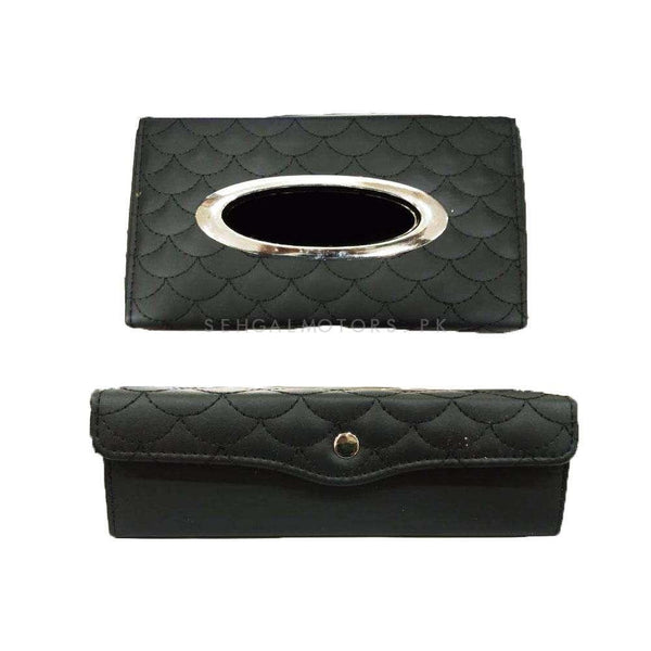 Premium Luxury Car Tissue Holder Case Box With Thread Design - Black SehgalMotors.pk