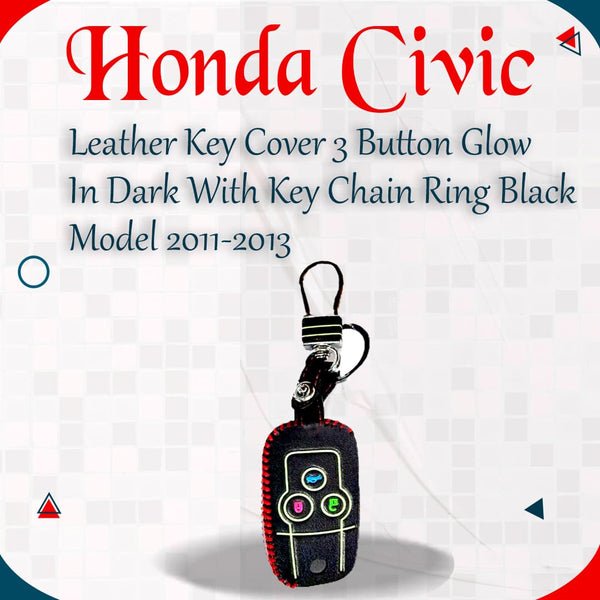 Honda Civic Leather Key Cover 3 Button Glow In Dark with Key Chain Ring Black - Model 2011-2013