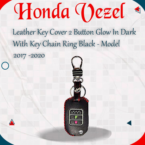Honda Vezel Leather Key Cover 2 Button Glow In Dark with Key Chain Ring Black - Model 2017 -2020
