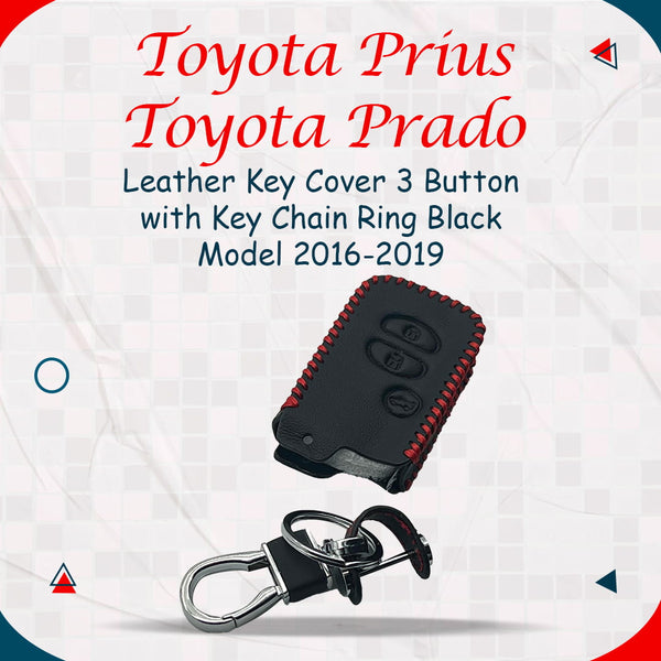 Toyota Prius / Toyota Prado Leather Key Cover 3 Button with Key Chain Ring Black - Model 2016-2019