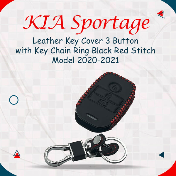 KIA Sportage Leather Key Cover 3 Button with Key Chain Ring Black Red Stitch- Model 2020-2021