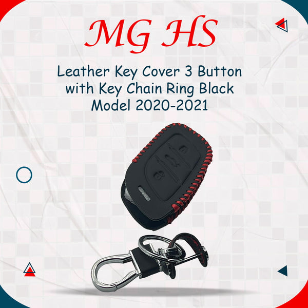 MG HS Leather Key Cover 3 Buttons with Key Chain Ring Black - Model 2020-2021