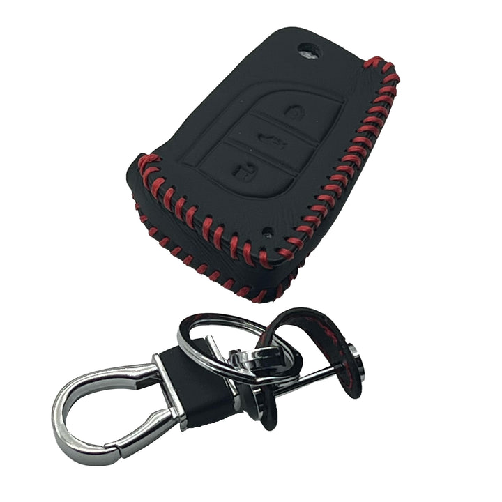 Toyota Corolla / Toyota Hilux Revo/Rocco Leather Key Cover 3 Button with Key Chain Ring Black