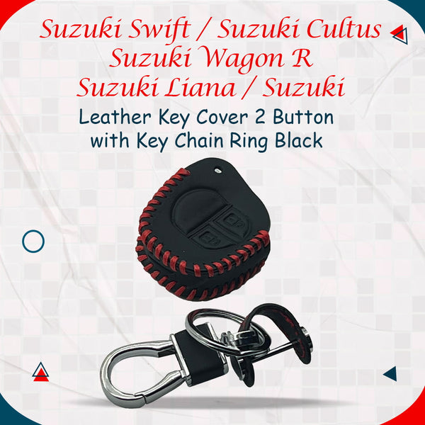 Suzuki Swift / Suzuki Cultus / Suzuki Wagon R / Suzuki Liana / Suzuki Leather Key Cover 2 Button with Key Chain Ring Black