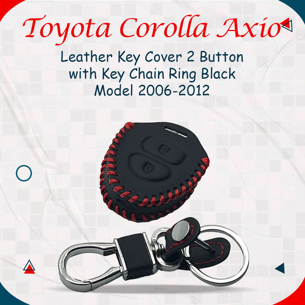 Toyota Corolla Axio Leather Key Cover 2 Buttons with Key Chain Ring Black - Model 2006-2012