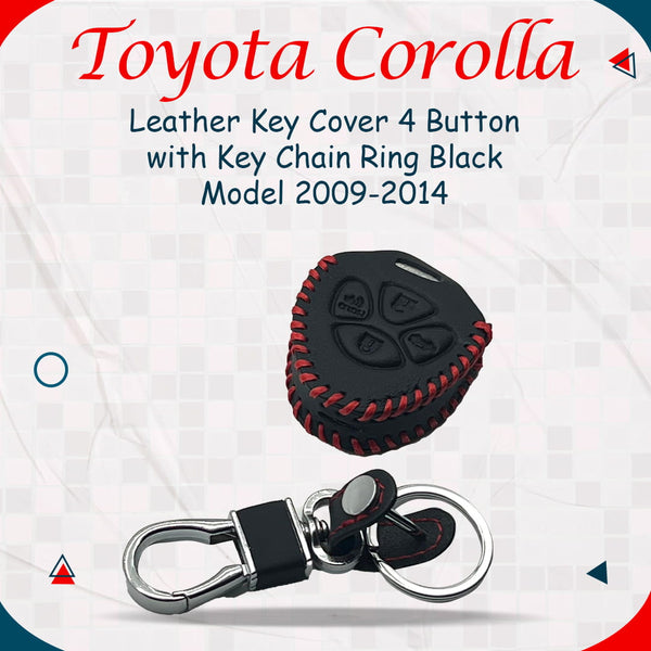 Toyota Corolla Leather Key Cover 4 Buttons with Key Chain Ring Black - Model 2009-2014