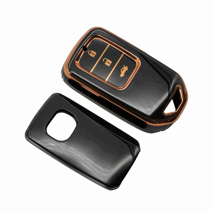 Honda Civic TPU Plastic Protection Key Cover Black With Golden 3 Buttons - Model 2016-2021