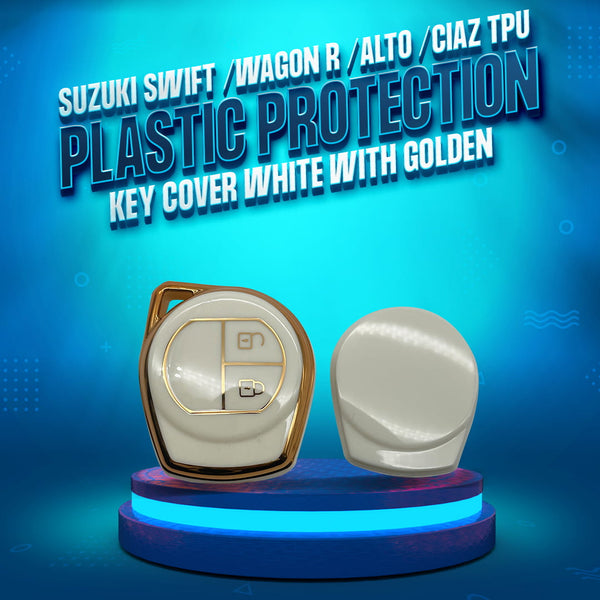 Suzuki Swift /Wagon R /Alto /Ciaz TPU Plastic Protection Key Cover White With Golden 2 Buttons