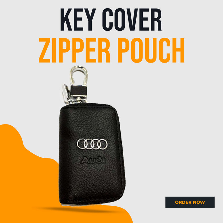 Audi Zipper Matte Leather Key Cover Pouch Black with Keychain Ring