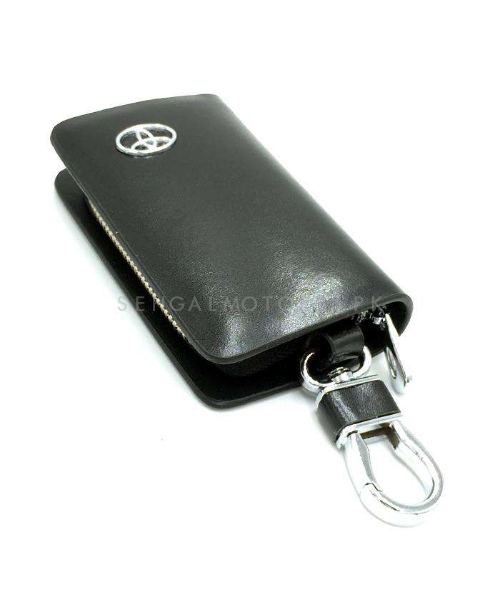 Toyota Glossy Leather Key Cover Pouch Black with Keychain Ring