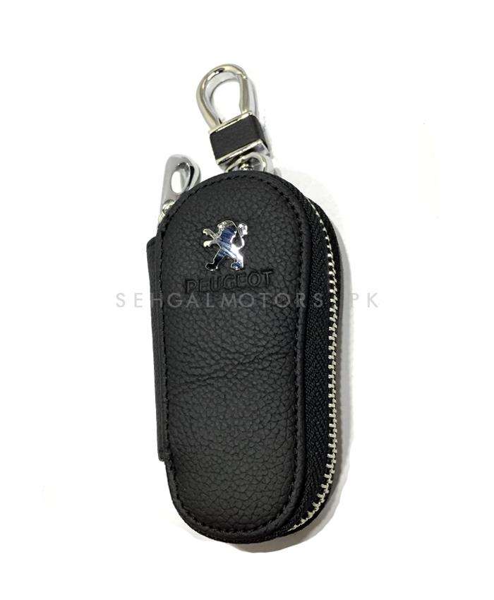 Peugeot Zipper Matte Leather Key Cover Pouch Black with Keychain Ring