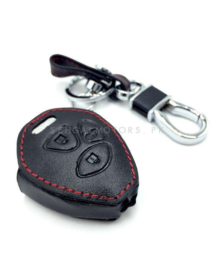 Toyota Corolla Leather Key Cover 3 Button with Key Chain Ring Black - Model 2009-2014