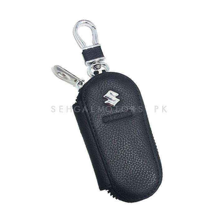 Suzuki Zipper Matte Leather Key Cover Pouch Black with Keychain Ring
