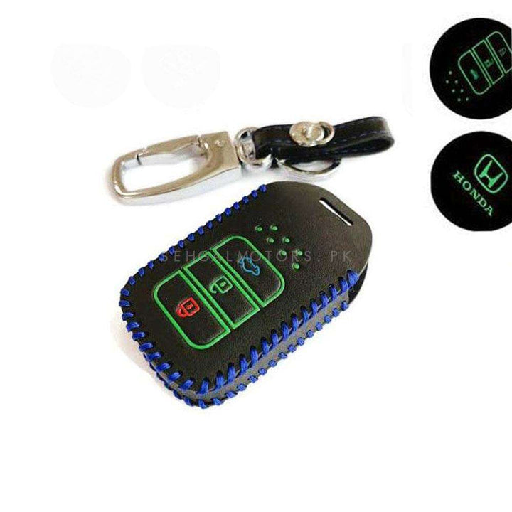Honda City Accord CRV Leather Key Cover 3 Button Glow In Dark with Key Chain Ring Black - Model 2008-2017
