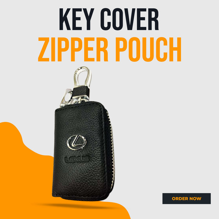 Lexus Zipper Matte Leather Key Cover Pouch Black with Keychain Ring