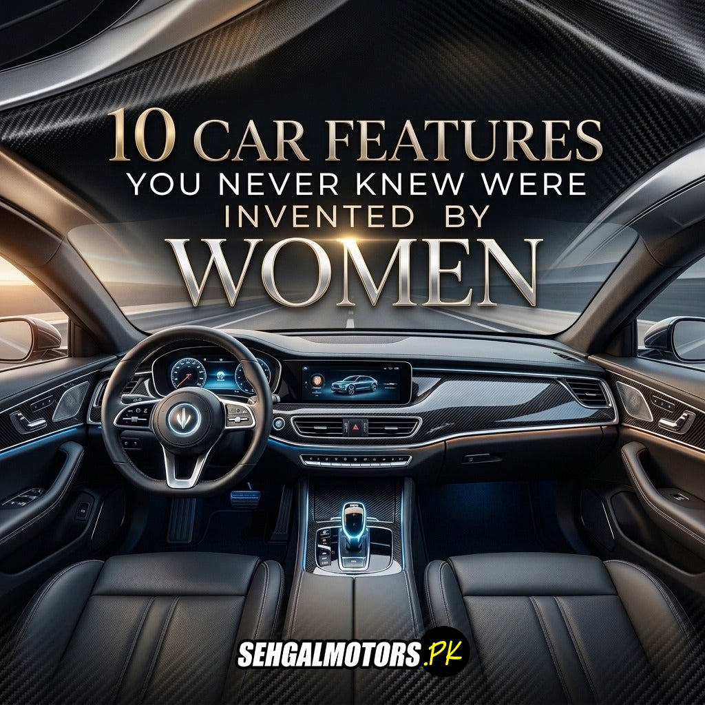 Luxury car interior with carbon fiber dashboard, digital display, and modern controls — 10 car features invented by women