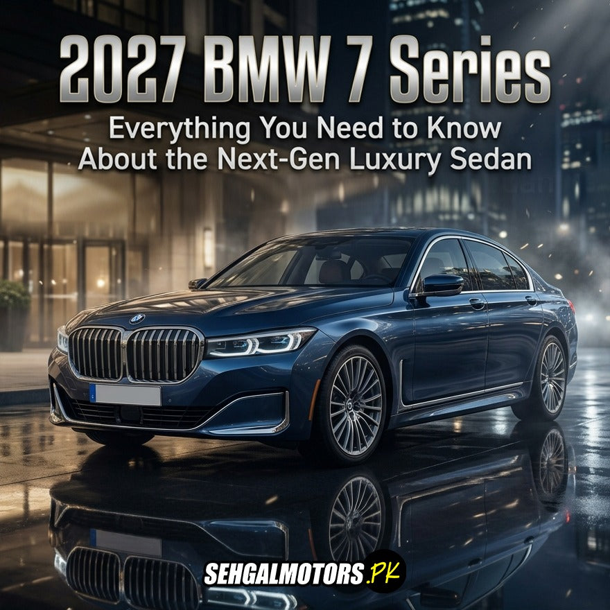 2027 BMW 7 Series luxury sedan with sleek design and LED lights, showcased on wet reflective surface