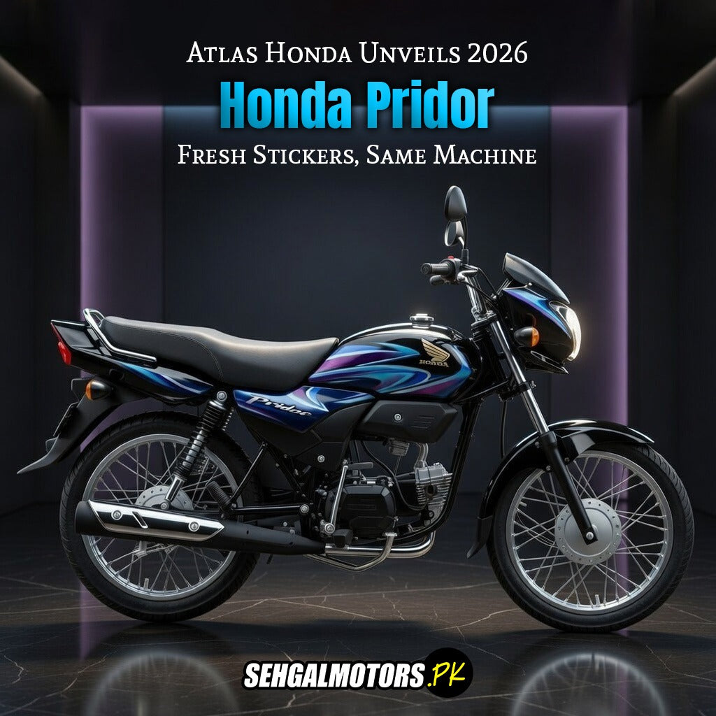 2026 Honda Pridor motorcycle with fresh stickers, same machine, showcased in studio lighting