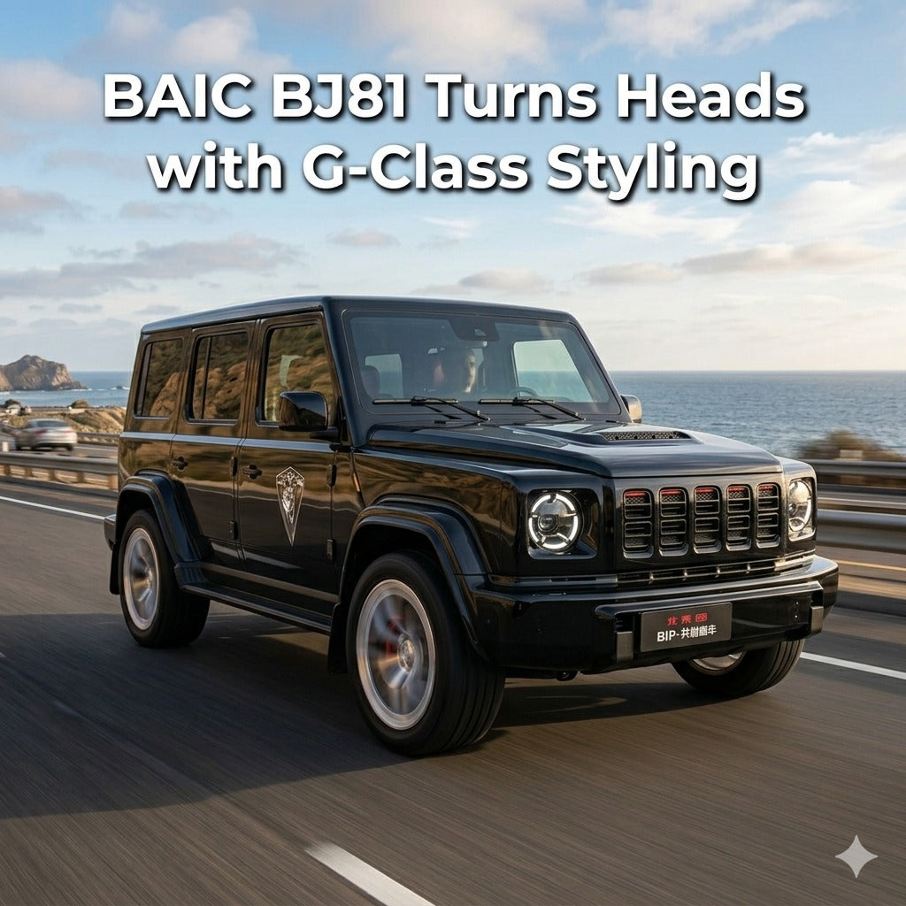 BAIC BJ81 SUV with G-Class styling driving coastal highway, sleek black finish, bold grille design