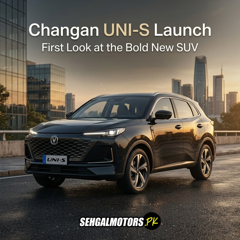 Changan UNI-S SUV launch, bold new black SUV on city road with modern skyline backdrop