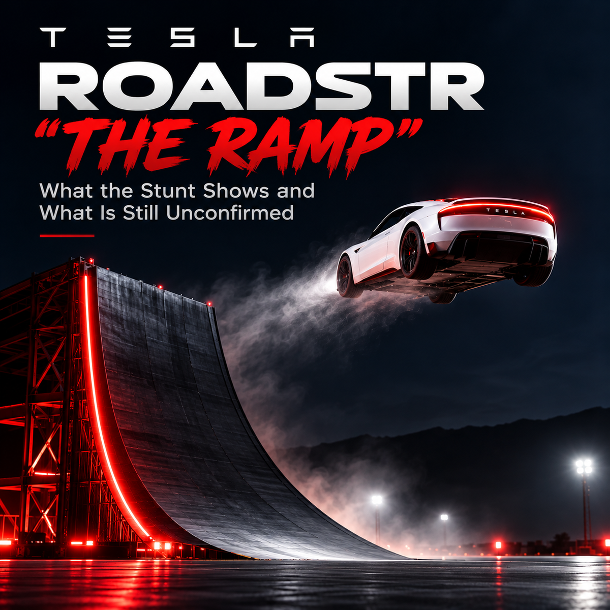 White Tesla Roadster launching off a towering red-lit ramp at night, featured in Tesla Roadster “The Ramp” blog exploring the stunt and unconfirmed performance claims