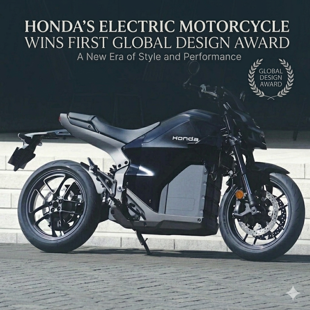 Honda electric motorcycle with sleek black design, winning global design award for style and performance