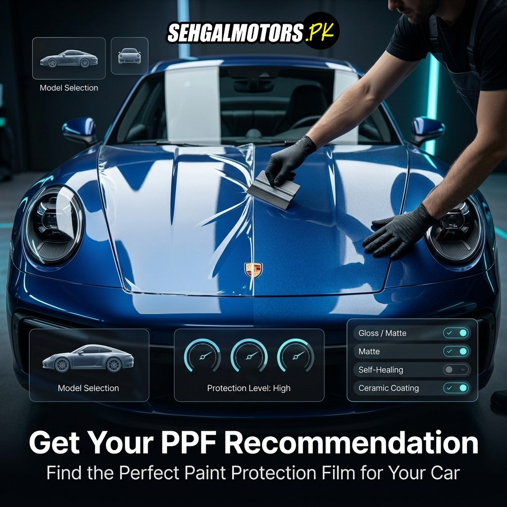 Professional applying PPF paint protection film to blue sports car hood, high protection level, ceramic coating option