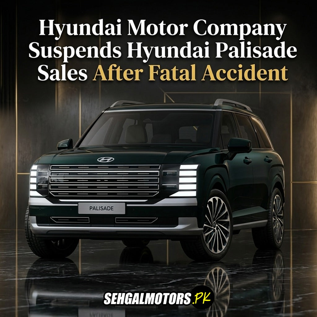 Hyundai Palisade SUV with LED headlights, sleek grille, and alloy wheels in showroom setting