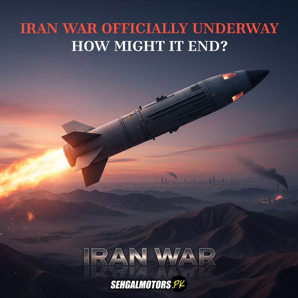 Missile launch over city skyline at sunset, dramatic war concept image