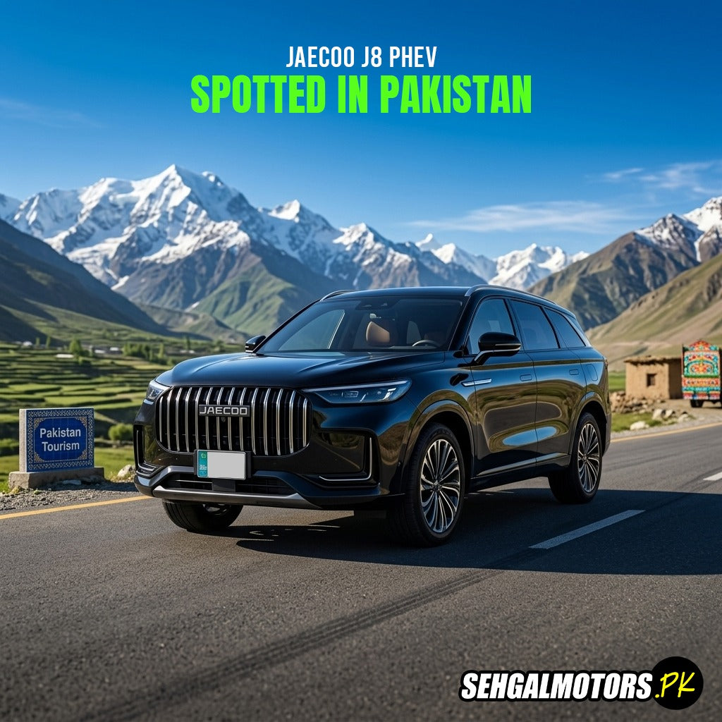 Jaecoo J8 PHEV SUV on mountain road in Pakistan, sleek black finish, modern design