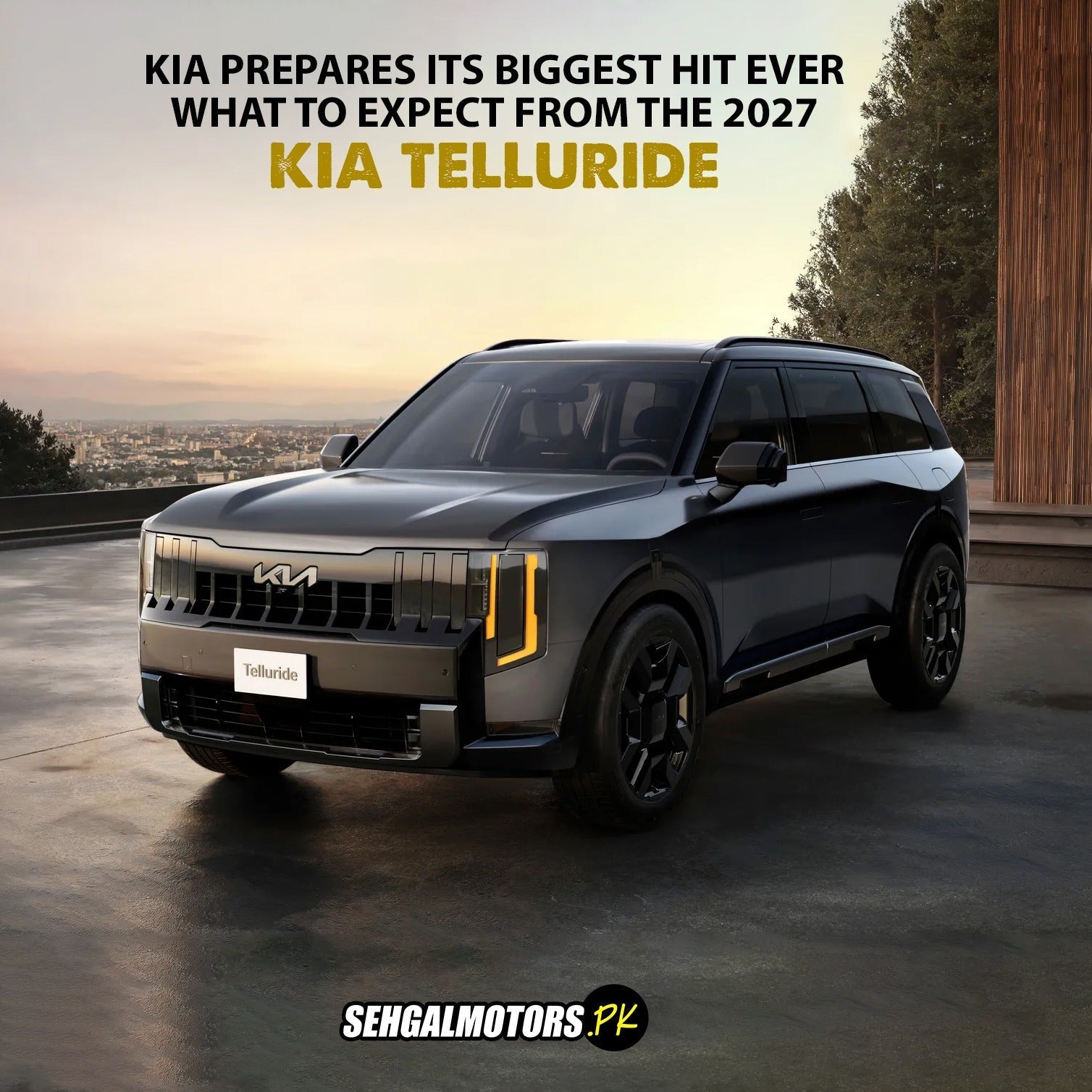 2027 Kia Telluride SUV with bold grille and LED lights, previewing next-gen car accessories and detailing options