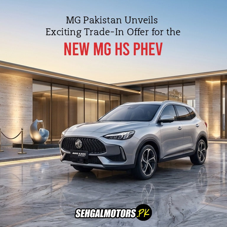 Silver MG HS PHEV SUV showcased in modern showroom with trade-in offer announcement