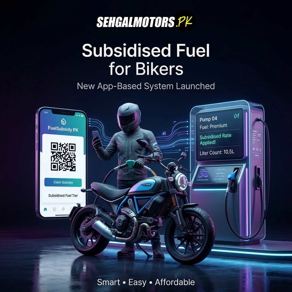 Biker using app for subsidised fuel at modern pump with QR code, smart & affordable motorcycle refueling system