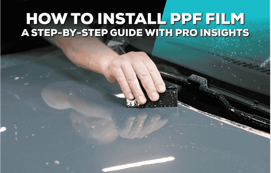 Installing PPF film on car hood with squeegee, step-by-step guide for paint protection
