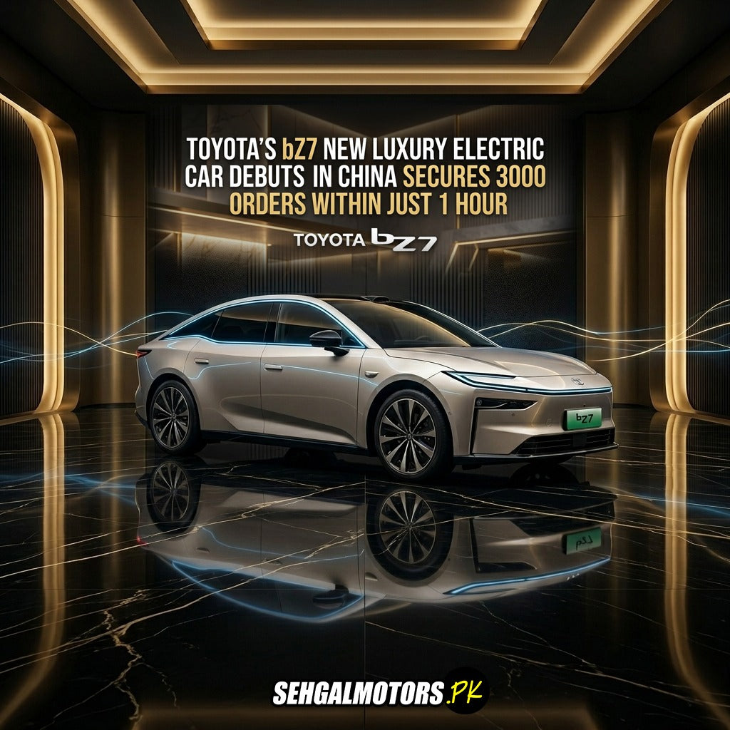 Toyota bZ7 luxury electric car showcased in sleek showroom with LED accents and reflective floor