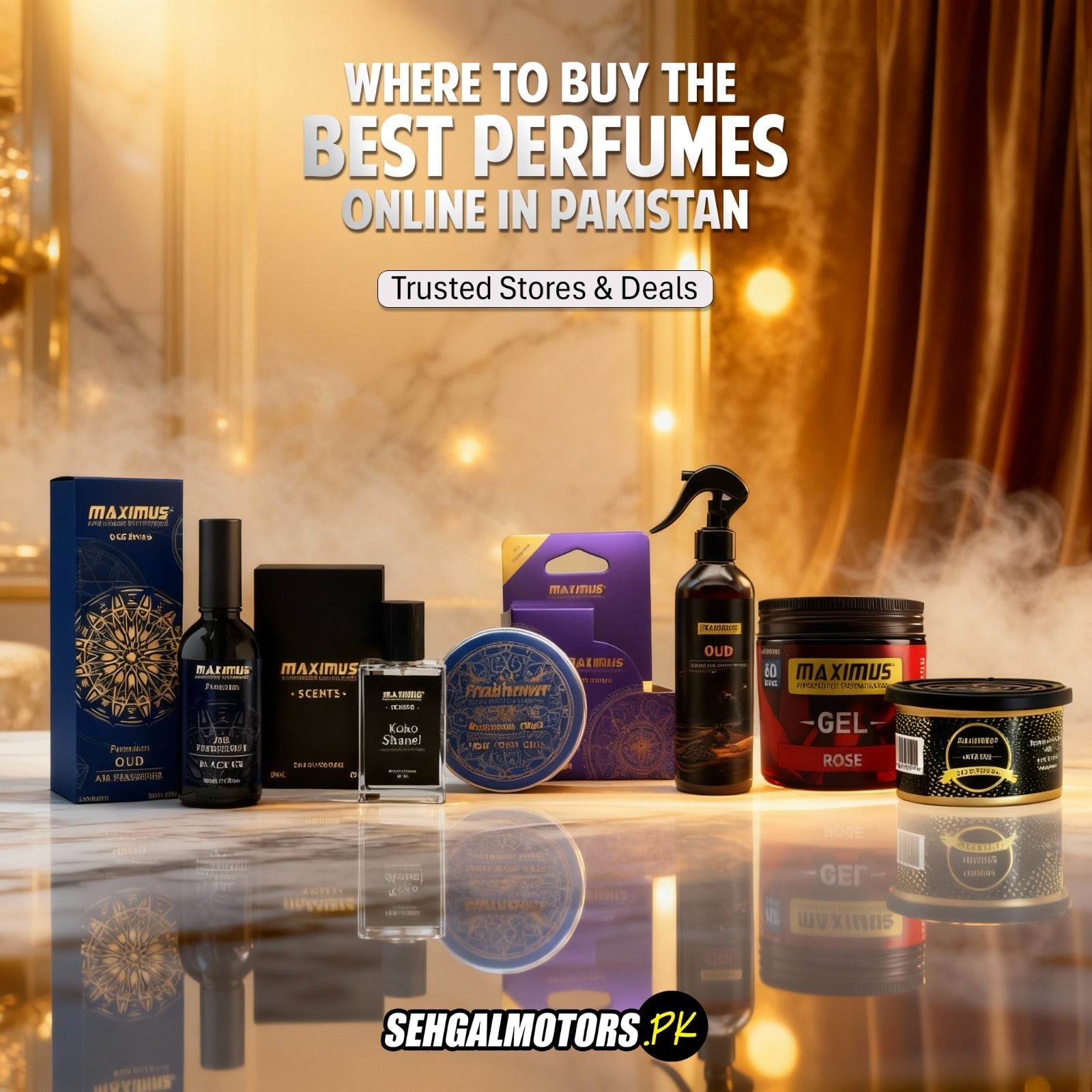 Luxury Maximus perfumes & scents collection for cars, featuring Oud, Rose Gel, and Koko Shanel fragrances