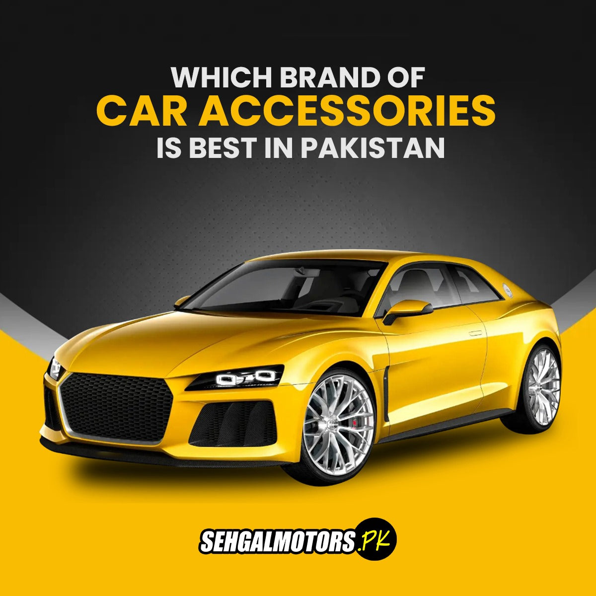 Yellow sports car with sleek design, promoting car accessories and detailing services in Pakistan
