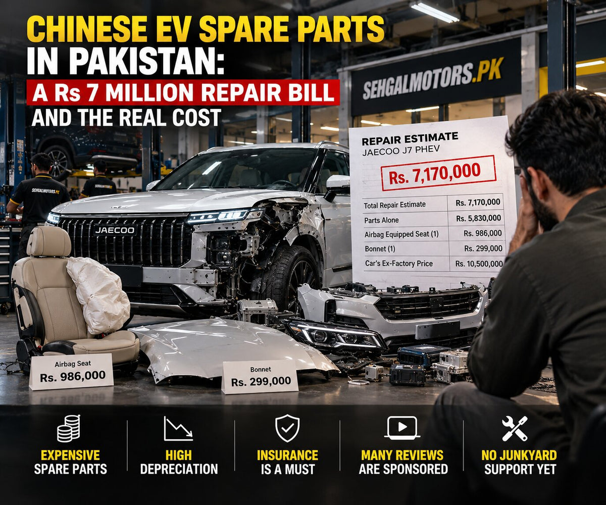 Damaged Jaecoo J7 PHEV in Pakistan with an estimated Rs 7.17 million repair bill, highlighting expensive Chinese EV spare parts, accident repair costs, insurance and depreciation.