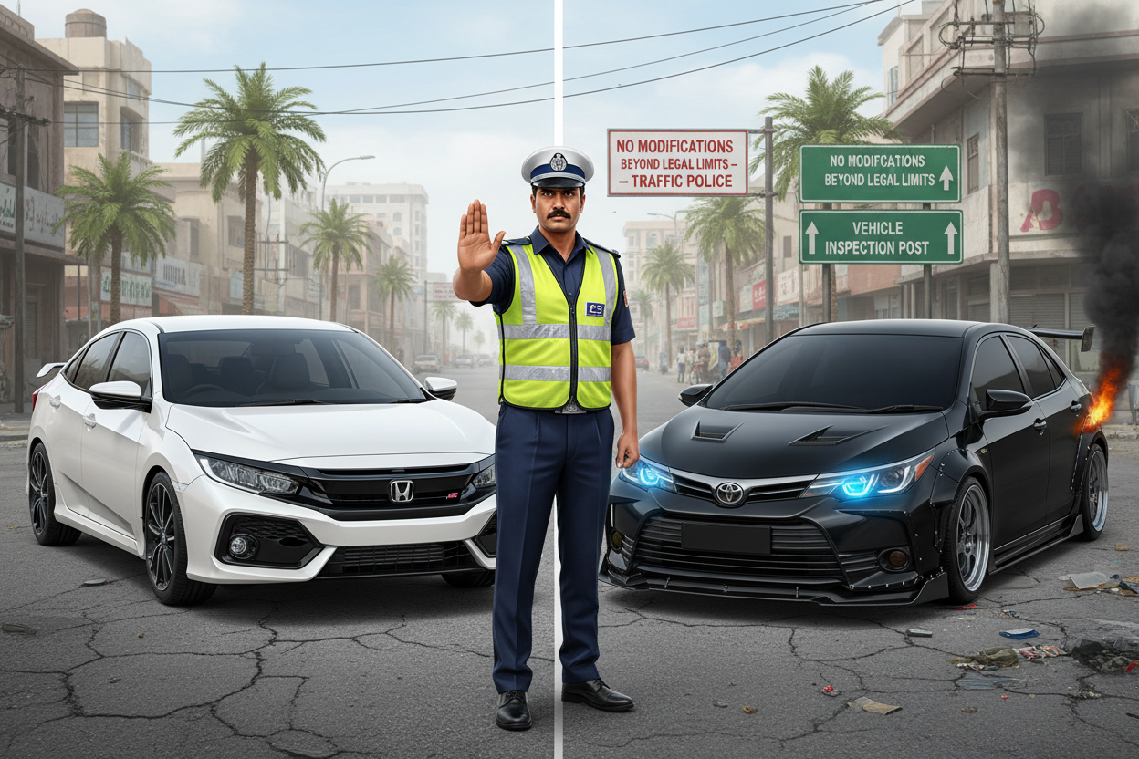 Traffic police halt modified car with illegal mods near inspection post, promoting legal car accessories and PPF
