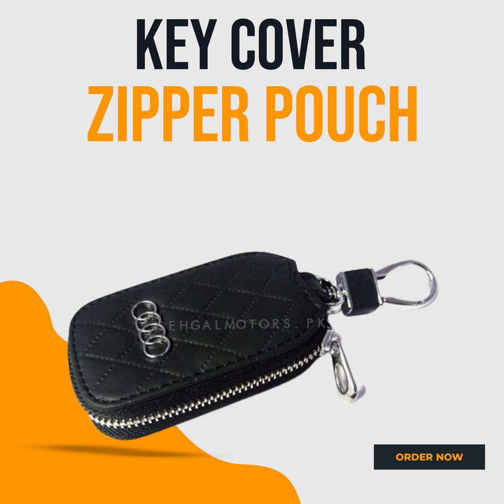 Audi Zipper 7D Style Key Cover Pouch Black With Keychain Ring