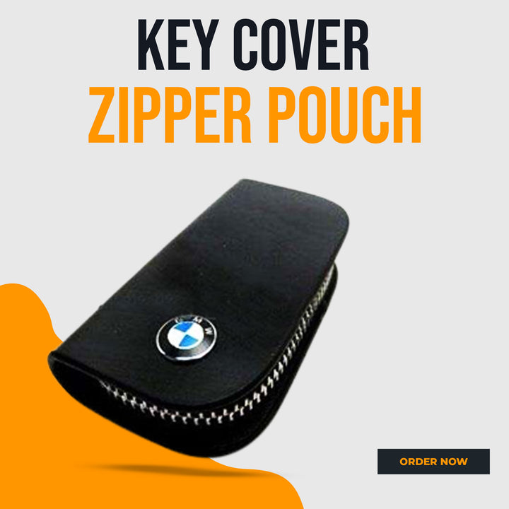 BMW Zipper Glossy Leather Key Cover Pouch Black with Keychain Ring