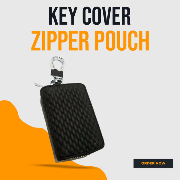 Universal Grass Zipper Matte Leather Key Cover Pouch Black with Keychain Ring