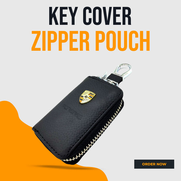 Porsche Zipper Matte Leather Key Cover Pouch Black with Keychain Ring