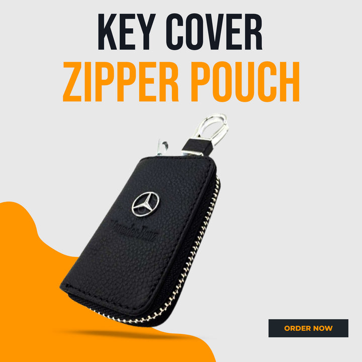 Mercedes Benz Zipper Leather Key Cover with Keychain Keyring