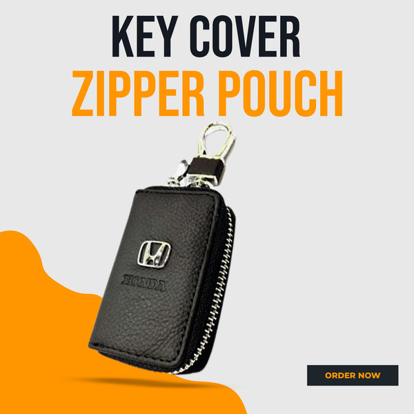 Honda Zipper Matte Leather Key Cover Pouch Black with Keychain Ring