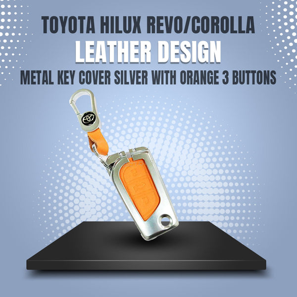 Toyota Hilux Revo/Rocco/Corolla Leather Design Metal Key Cover Silver with Orange 3 Buttons