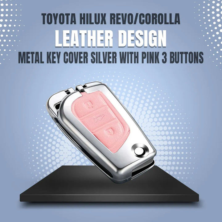 Toyota Hilux Revo/Rocco/Corolla Leather Design Metal Key Cover Silver with Pink 3 Buttons