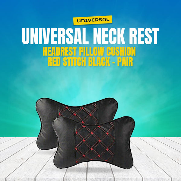 Universal Neck Rest Headrest Pillow Cushion Red Stitch Black - Pair